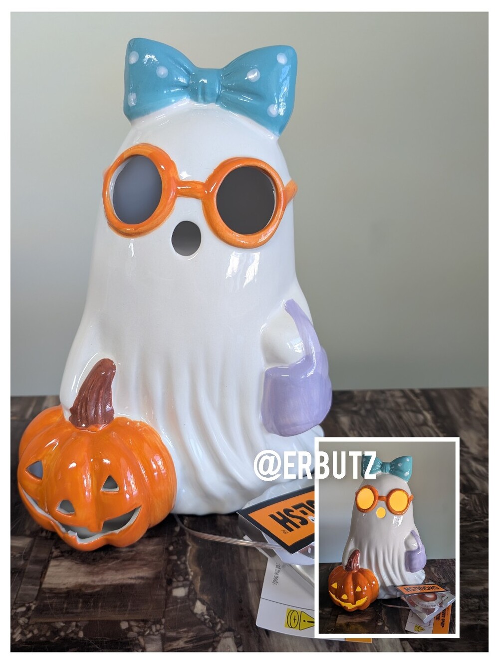 GHOULISH Spooky Chic Ceramic LED Light Up Ghost Girl Figurine w/ Bow & Pumpkin🎃